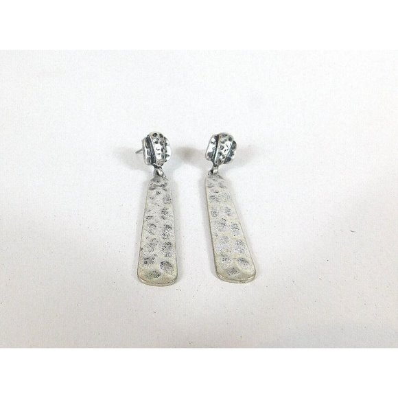 Drop Dangle Silver Tone Bar Style Hammered Pierced Earrings - Picture 7 of 8